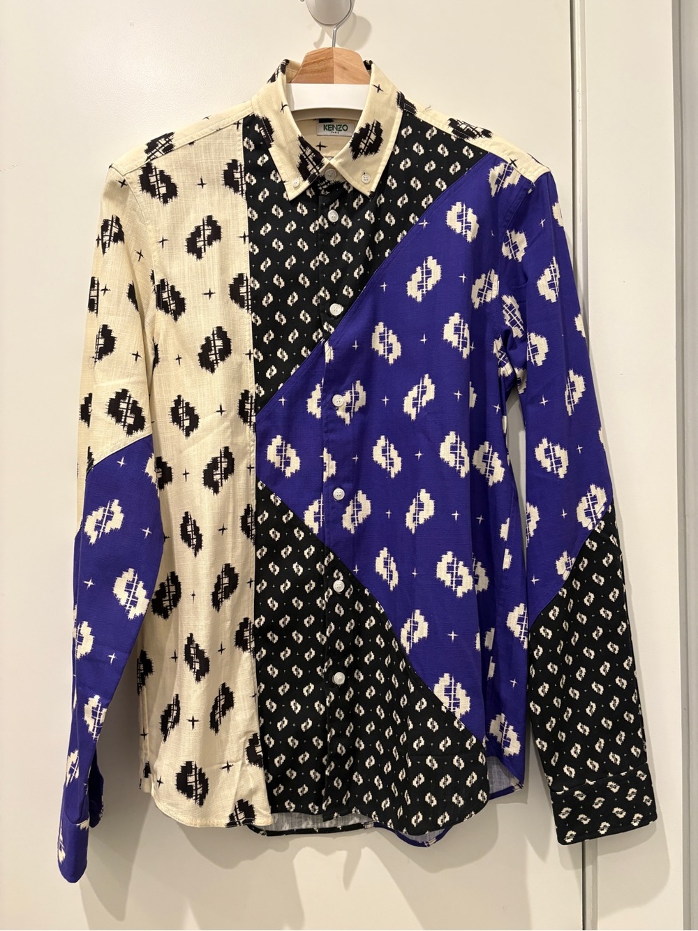 Kenzo Men’s Patchwork Button-Down Shirt in Black, Cream & Blue